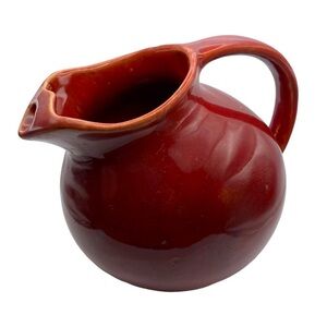 Vintage 1940s Art Deco Pottery Pitcher Ribbed Burgundy Ceramic Antique